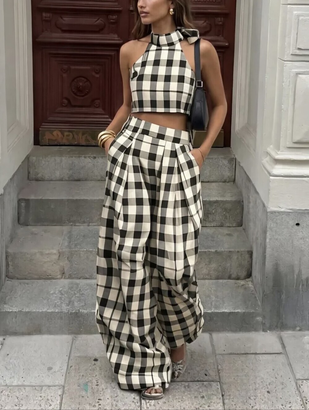 Summer Women'S Plaid Halter Bow Crop Top And High-Waist Wide-Leg Pants Set